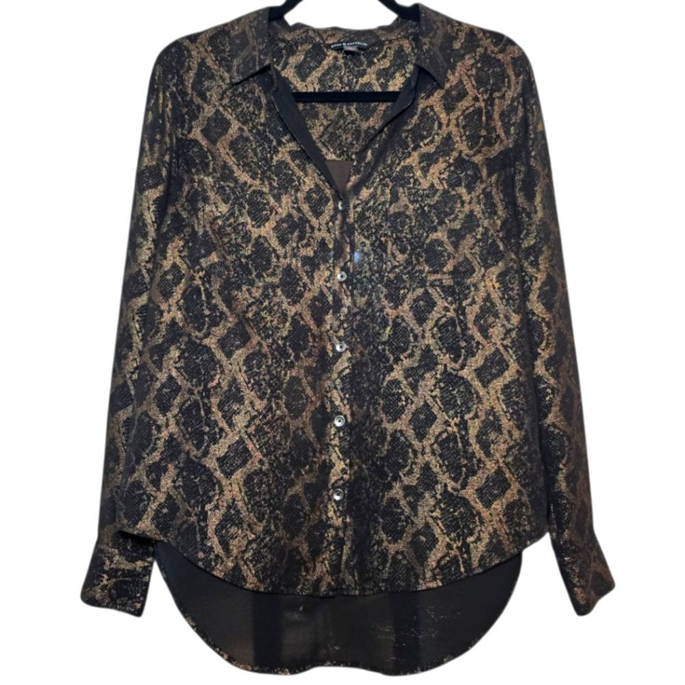 Metallic Gold Snake Print Sheer Button Down Blouse Size M Indie Sleaze Mob Wife